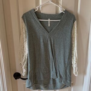 Emerald Women's Green Top with Cream Lace Sleeves